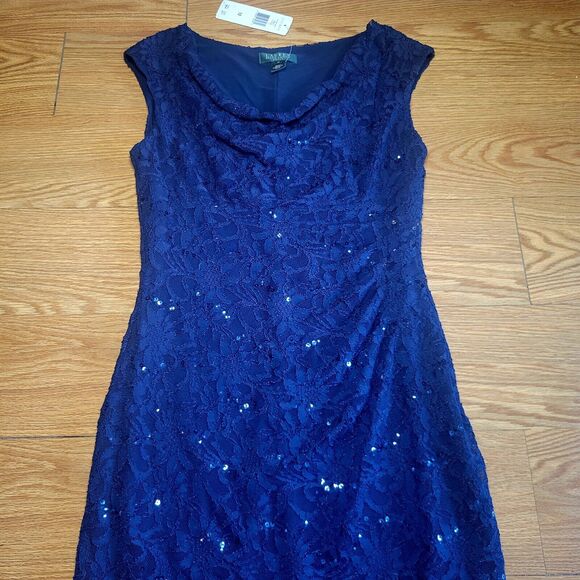 Ralph Lauren Women's Formal Dress Size 12 Navy Blue Sequins Cowl Neck New W Tags - Picture 3 of 16